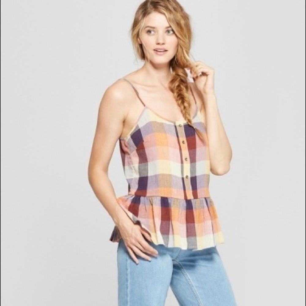Universal thread cotton plaid ruffleโ tank top M